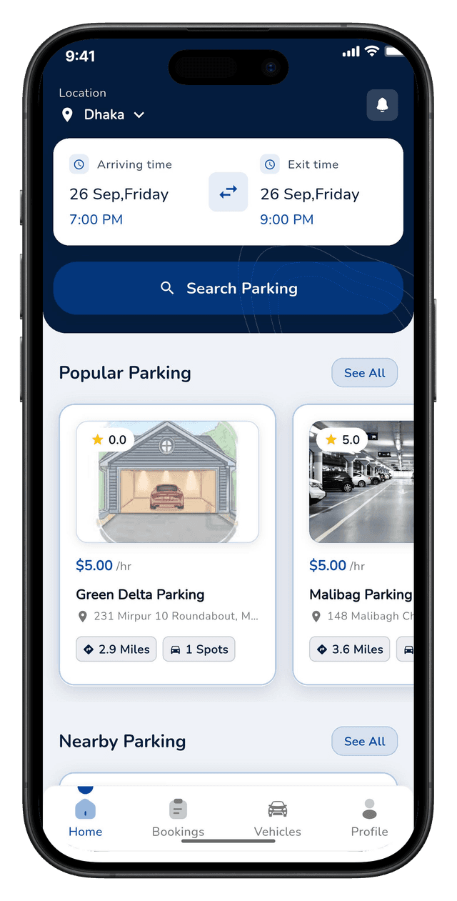 ParkSight Mobile App - Dhaka parking search showing Green Delta and Malibag parking options